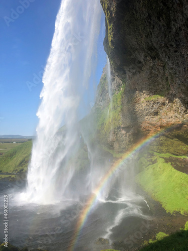 Seljalandsfoss waterfall on the southern coast of Iceland on a sunny day