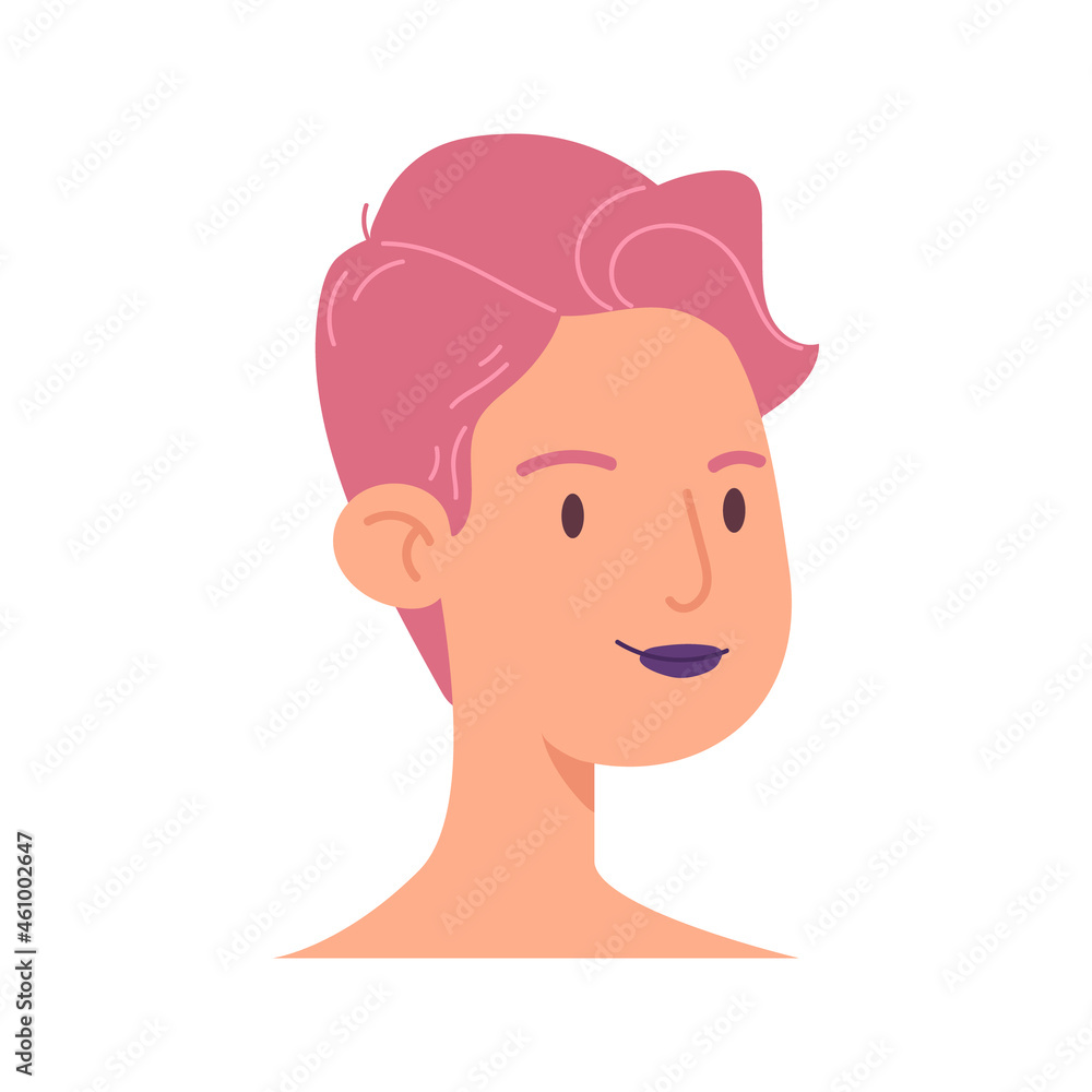 Cartoon face of a young woman. The head of an informal girl with pink short hair and dark lipstick. Female avatar illustration vector isolated on white background. Cartoon face of a young woman. The head of an informal girl with pink short hair and dark lipstick. Female avatar illustration vector isolated on white background.