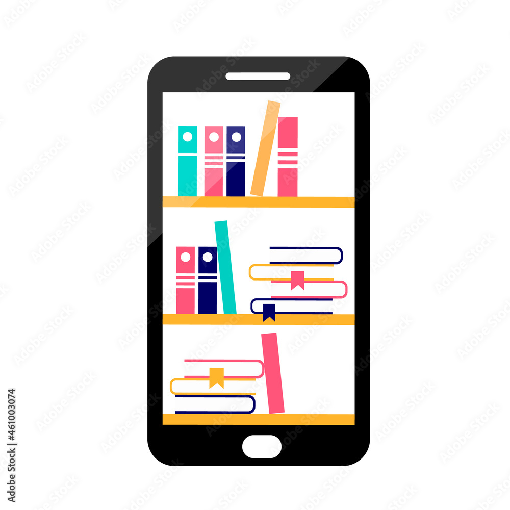 illustration of a phone with shelves of books on the screen. Design for the application, online education or library. illustration of a phone with shelves of books on the screen. Design for the application, online education or library.