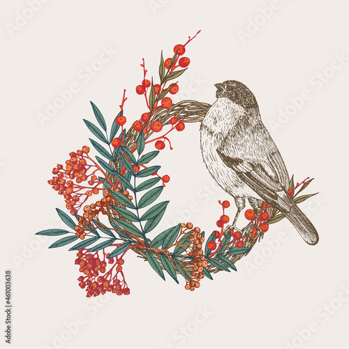 Hand-drawn sketch autumn floristic wreath with bird, rowan berries, branches, leaves in engraving style. Vintage door decor Wedding graphic frame Hello, fall. Thanksgiving retro Vector