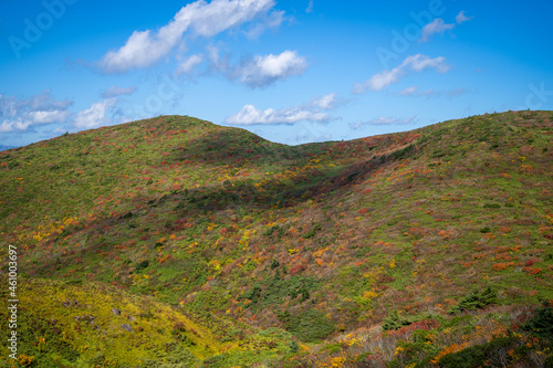 宮城県栗原市、秋田県湯沢市、雄勝郡東成瀬村、岩手県一関市にある栗駒山を紅葉の時期に登山する風景A view of climbing Mt. Kurikoma in Kurihara City, Miyagi Prefecture, Yuzawa City, Akita Prefecture, during the autumn foliage season. photo