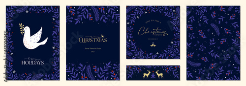 Merry and Bright Corporate Holiday cards. Modern abstract creative universal artistic templates with Christmas Dove, reindeers, birds, floral frames and backgrounds.