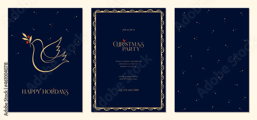 Holidays cards with Christmas Dove, bird, modern frame and background. Universal artistic templates.