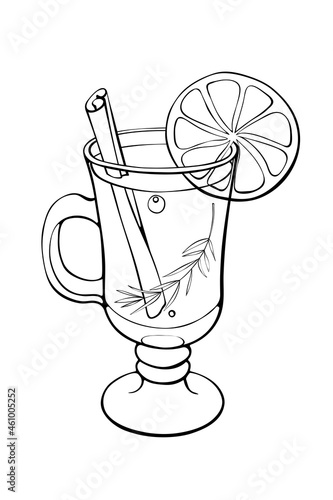 Hot warm winter spiced grog mulled wine cocktail in special glass garnished with cinnamon stick, sprig of rosemary, thyme, savory and orange slice. Hand drawn doodle style vector contour illustration