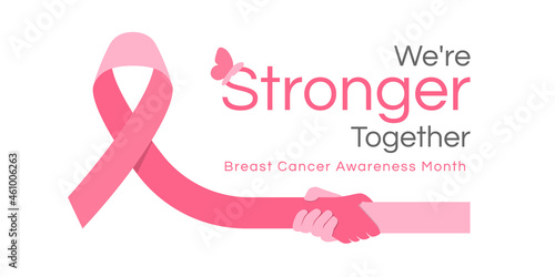 We are stronger together, Breast cancer awareness month text and pink ribbon with hand hold hand vector Design