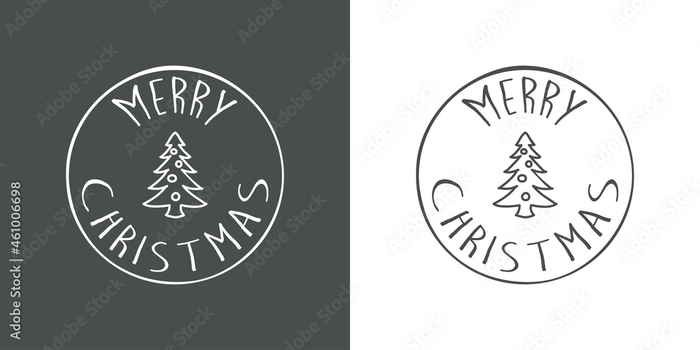 Banner con frase MERRY CHRISTMAS manuscrito con árbol de navidad con bolas en círculo en fondo gris y fondo blanco