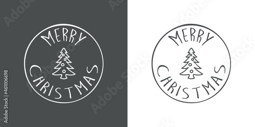 Banner con frase MERRY CHRISTMAS manuscrito con árbol de navidad con bolas en círculo en fondo gris y fondo blanco