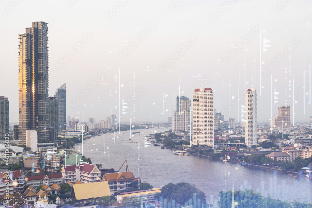 Forex and stock market chart hologram over panorama city view of Bangkok, the financial center in Southeast Asia. The concept of international trading. Double exposure. Forex and stock market chart hologram over panorama city view of Bangkok, the financial center in Southeast Asia. The concept of international trading. Double exposure.