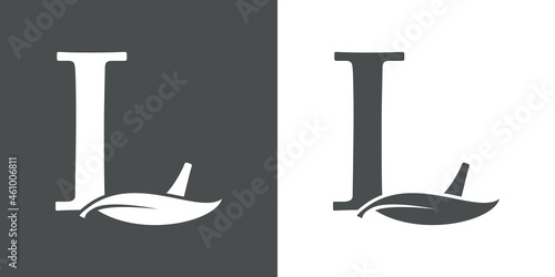 Logotipo letra inicial L con hoja de árbol en fondo gris y fondo blanco	