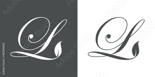 Logotipo letra inicial L con hojas de planta en fondo gris y fondo blanco