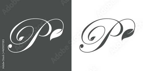 Logotipo letra inicial P con hojas de planta en fondo gris y fondo blanco