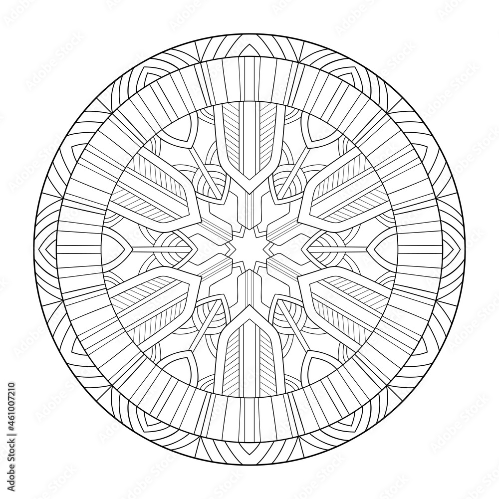 Decorative round mandala with striped patterns on a white isolated background. For coloring book pages.