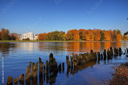 Elaginoostrovsky Palace in autumn view from the river