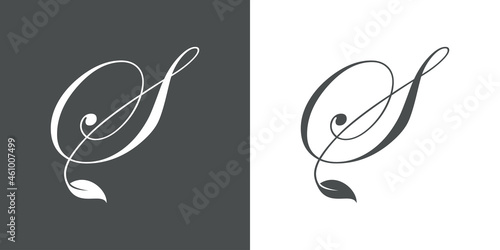 Logotipo letra inicial S con hojas de planta en fondo gris y fondo blanco