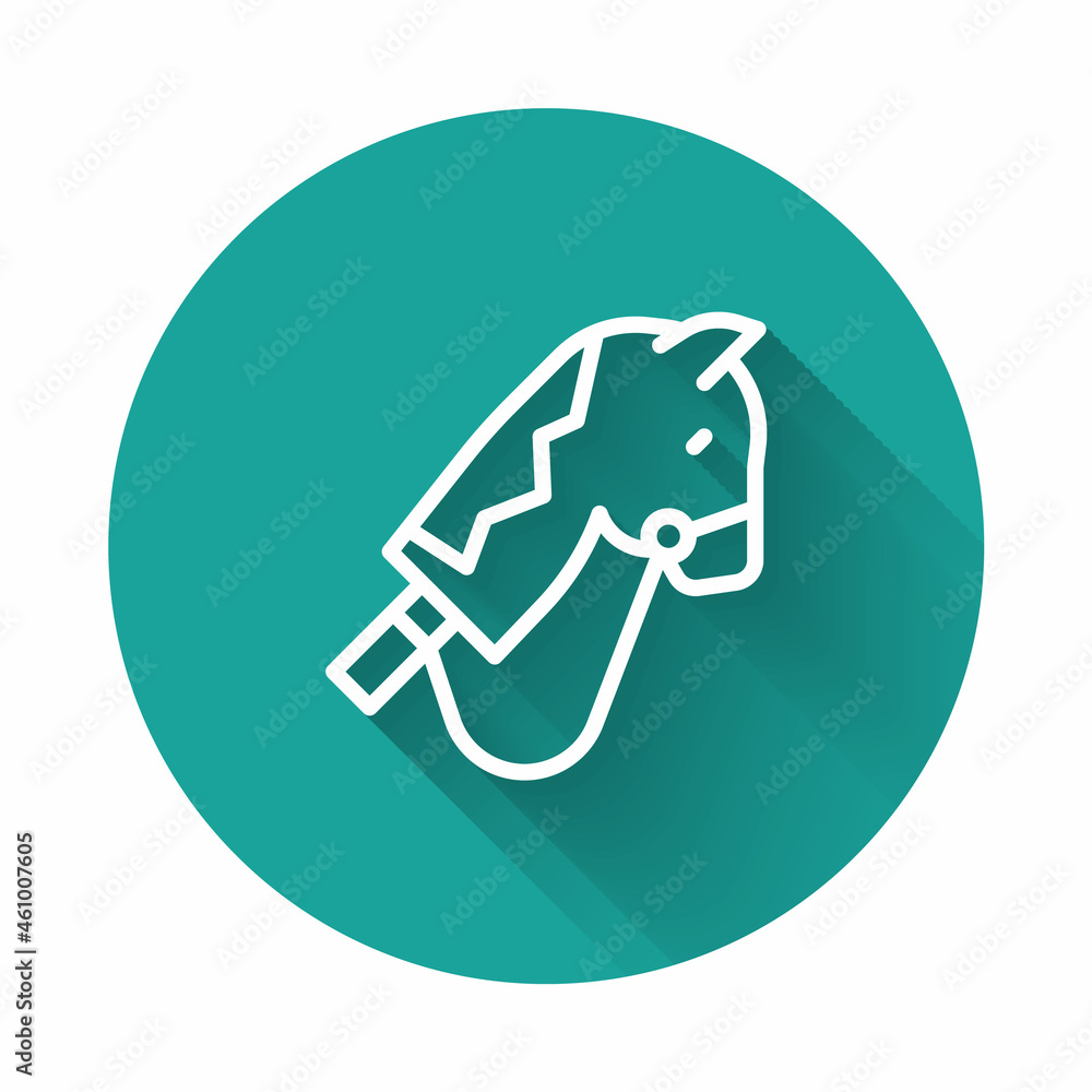 White line Toy horse icon isolated with long shadow background. Green circle button. Vector White line Toy horse icon isolated with long shadow background. Green circle button. Vector
