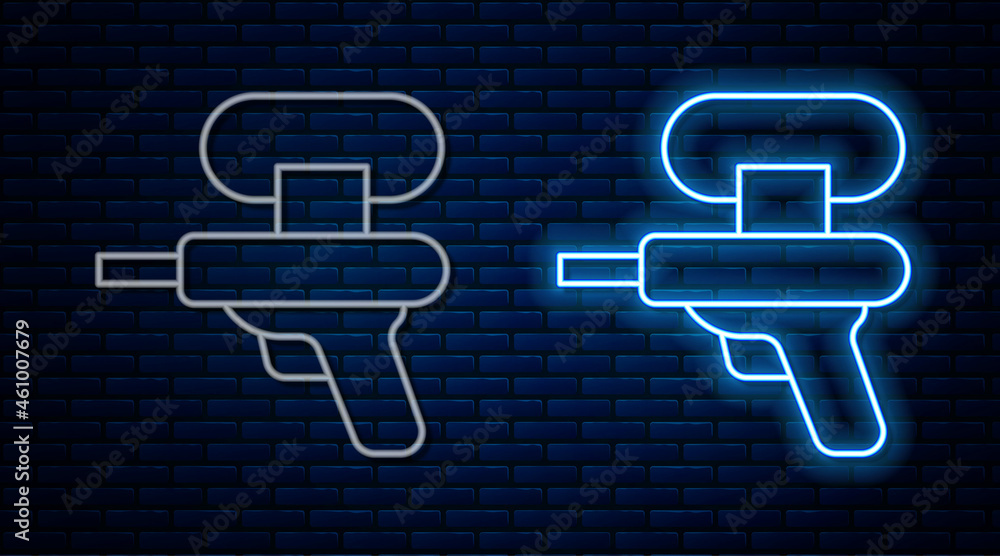 Glowing neon line Water gun icon isolated on brick wall background. Vector Glowing neon line Water gun icon isolated on brick wall background. Vector