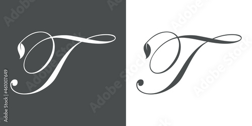 Logotipo letra inicial T con hojas de planta en fondo gris y fondo blanco