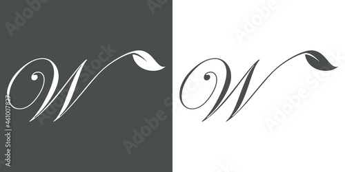 Logotipo letra inicial W con hojas de planta en fondo gris y fondo blanco