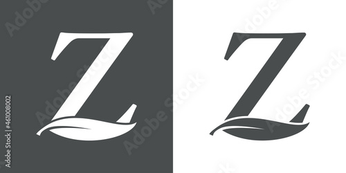 Logotipo letra inicial Z con hoja de árbol en fondo gris y fondo blanco	