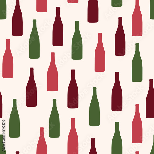 Wine bottle seamless pattern. Colorful silhouettes of wine bottles. Vector illustration of glass bottles. Design for a wine shop, an online store of alcoholic beverages.