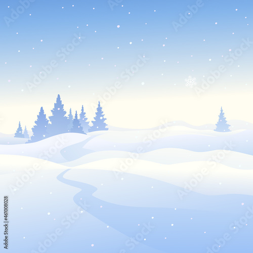 Vector illustration of a snowy forest path, winter landscape background