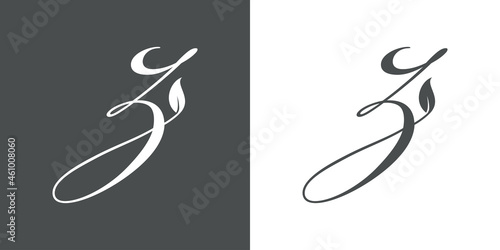 Logotipo letra inicial Z con hojas de planta en fondo gris y fondo blanco