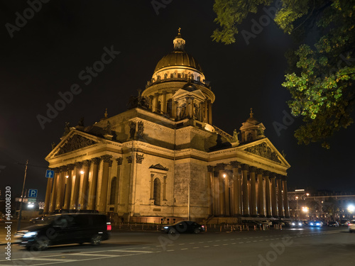 St. Isaac's cathedral dome, Rostral column and Palace bridge at night, Saint Petersburg, Russia 