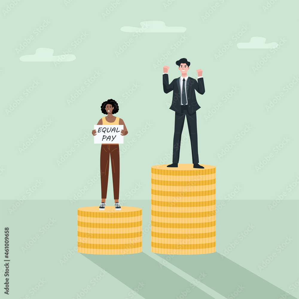 Obraz premium Equal pay gap concept, Business man and woman standing on coin stack.