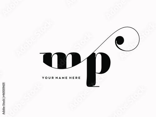 MP monogram logo.Typographic signature icon.Decorative swirl lowercase letter m and letter p.Lettering sign isolated on light fund.Wedding, fashion, beauty alphabet initials.Elegant, luxury style.