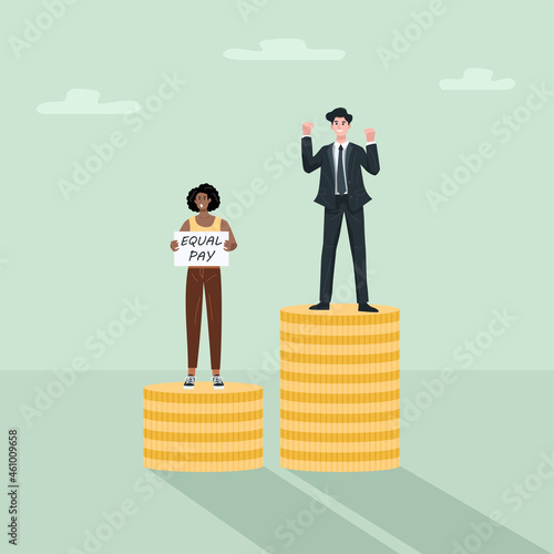 Equal pay gap concept, Business man and woman standing on coin stack.