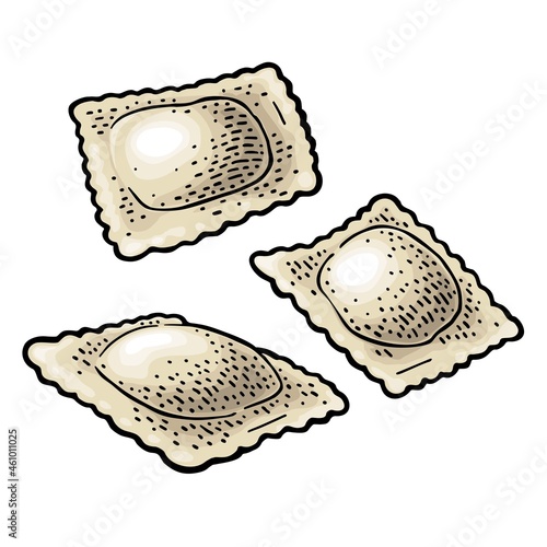 Three ravioli. Vintage black vector engraving illustration. Isolated on white