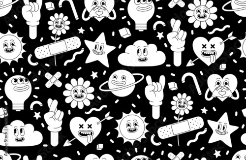 Cartoon characters background. Seamless pattern with funny stickers and patches in trendy retro cartoon style.