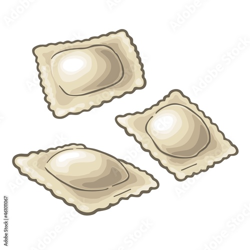 Three ravioli. Vintage black vector engraving illustration. Isolated on white
