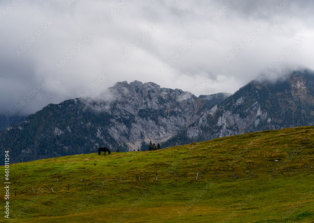 Postalm Berge Wiesen Dramatischer Himmel Wolken Gebirge Alpen Österreich Salzbuger Land Bäume 