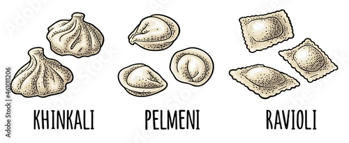 Khinkali, ravioli, pelmeni. Traditional russian, georgian, italian food. Vintage color vector engraving