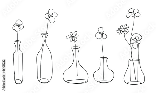 Vector vases and bottles with Flowers. Modern set of doodle. Pattern vases with Flowers drawn by one line on a white background.