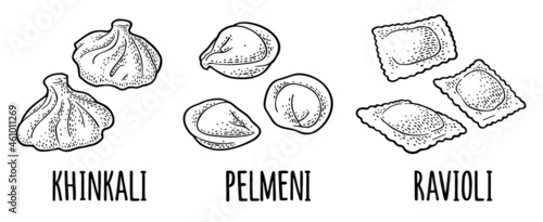 Khinkali, ravioli, pelmeni. Traditional russian, georgian, italian food. Vintage color vector engraving