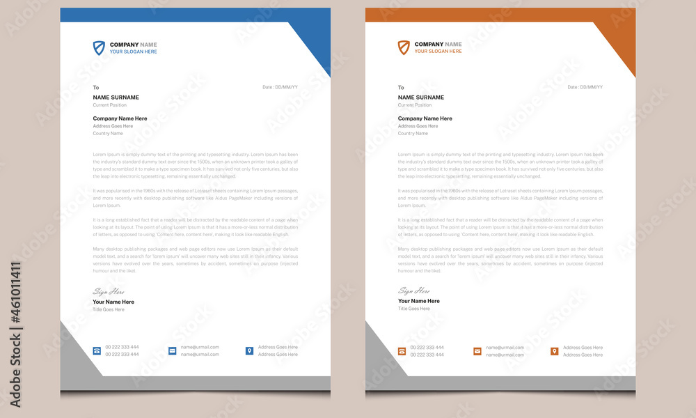 Unique simple abstract clean professional creative corporate modern business letterhead design template with blue and orange shapes.