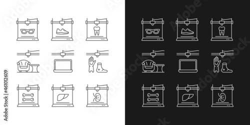 Additive manufacturing linear icons set for dark and light mode. Producing 3d models. Printed prosthetics. Customizable thin line symbols. Isolated vector outline illustrations. Editable stroke