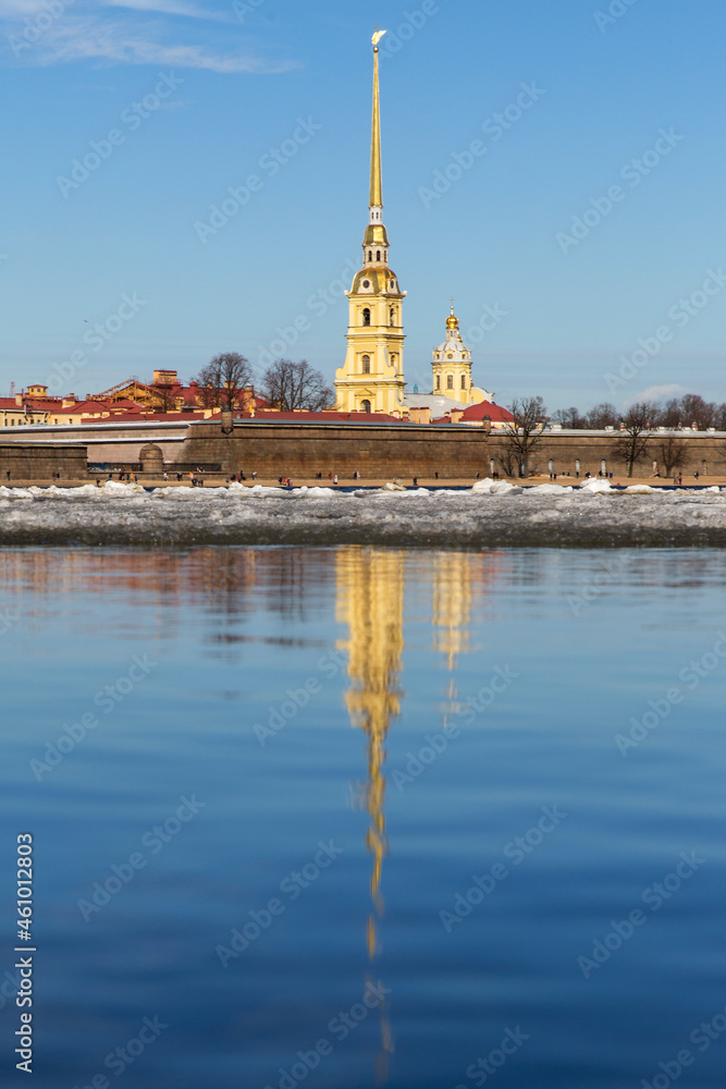 Russia. Saint-Petersburg. Views of St. Petersburg. Reflection of the Peter and Paul Cathedral in the Neva River.