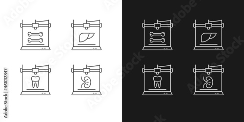 Three dimensional bioprinting linear icons set for dark and light mode. Biotech printing project. Dental implant. Customizable thin line symbols. Isolated vector outline illustrations. Editable stroke