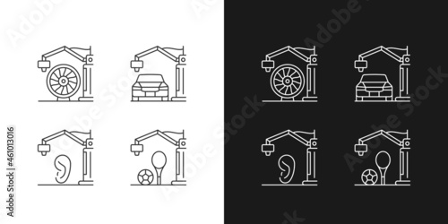 Manufacturing process linear icons set for dark and light mode. 3d printed car. Aerospace industry. Customizable thin line symbols. Isolated vector outline illustrations. Editable stroke
