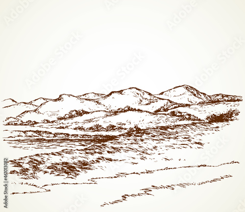 The path by the mountain lake. Vector drawing