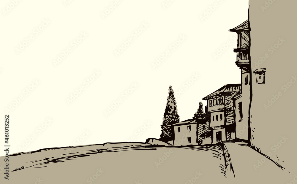 Obraz premium Narrow street of the old city. Vector drawing