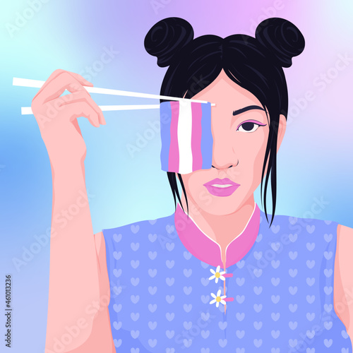Asian youth holding transgender flag with chopsticks