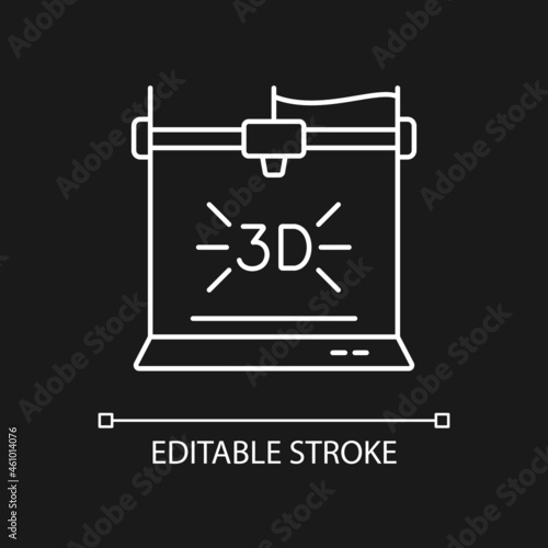 3d printer white linear icon for dark theme. Technological advancement. Additive manufacturing. Thin line customizable illustration. Isolated vector contour symbol for night mode. Editable stroke