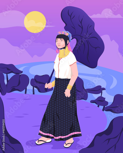 Girl from Karen tribe holding umbrella leaf