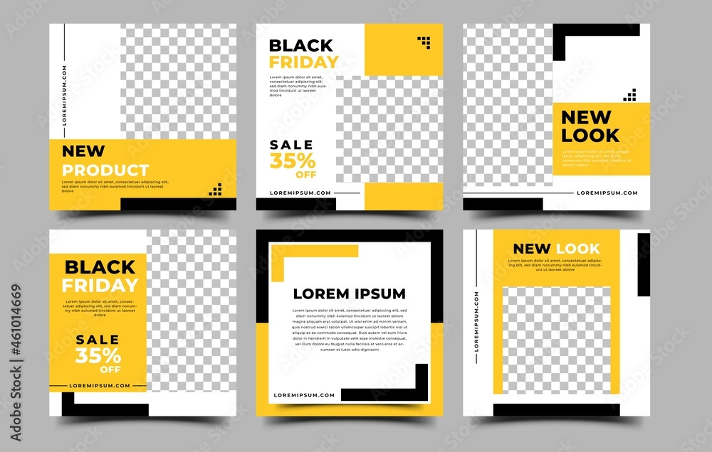 Set of Social media post template design. Modern square banner with black and yellow shape and place for the photo. Usable for social media post, flyers, banners, and web ads. Set of Social media post template design. Modern square banner with black and yellow shape and place for the photo. Usable for social media post, flyers, banners, and web ads.
