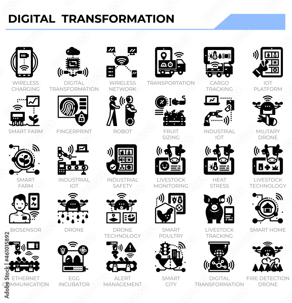 Digital transformation and disruption icon set for technology, IoT, M2M issue and education website, presentation, book.