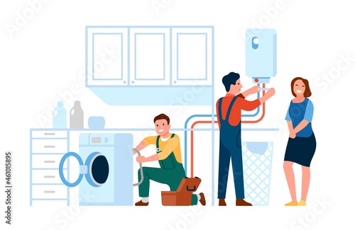 Repair work help. Craftsmen fix problems with home appliances. Washer and boiler upkeep. Repairmen in uniform eliminate malfunctions household equipment in laundry room. Vector concept